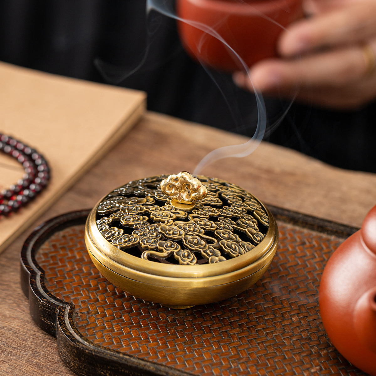 如意祥雲蓋香爐四件套檀香爐家用室內沉香艾草桂花香薰爐鏤空薰香爐