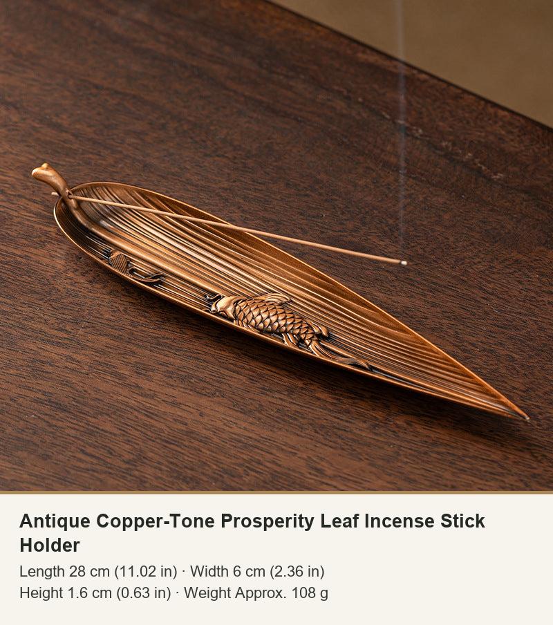 Antique Copper-Tone Prosperity Leaf Incense Stick Holder