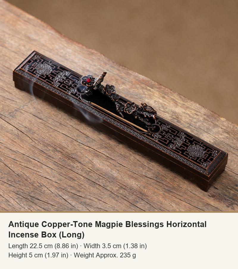 Antique Copper-Tone Magpie Blessings Horizontal Incense Box (Long)