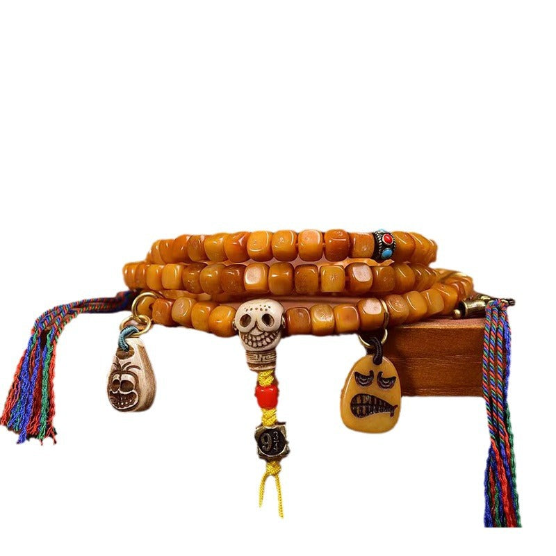 EverestArtstudios blessed EverestArtstudios Tibetan Vintage Bone Carved Square-Bead 108-Bead Mala