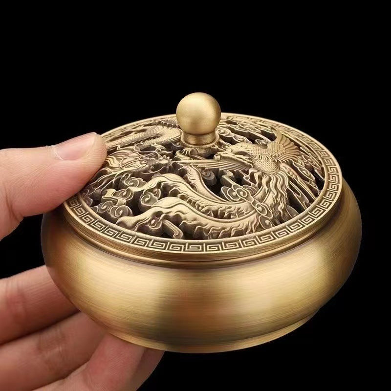 Copper incense burner retro incense burner indoor aromatherapy burner ornament sandalwood burner agarwood pan incense household incense burner incense dragon and phoenix burner