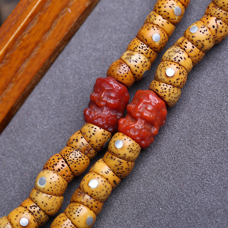 EverestArtstudios Xingyue Bodhi 108-Bead Mala with Yak Bone and Red Agate Accents