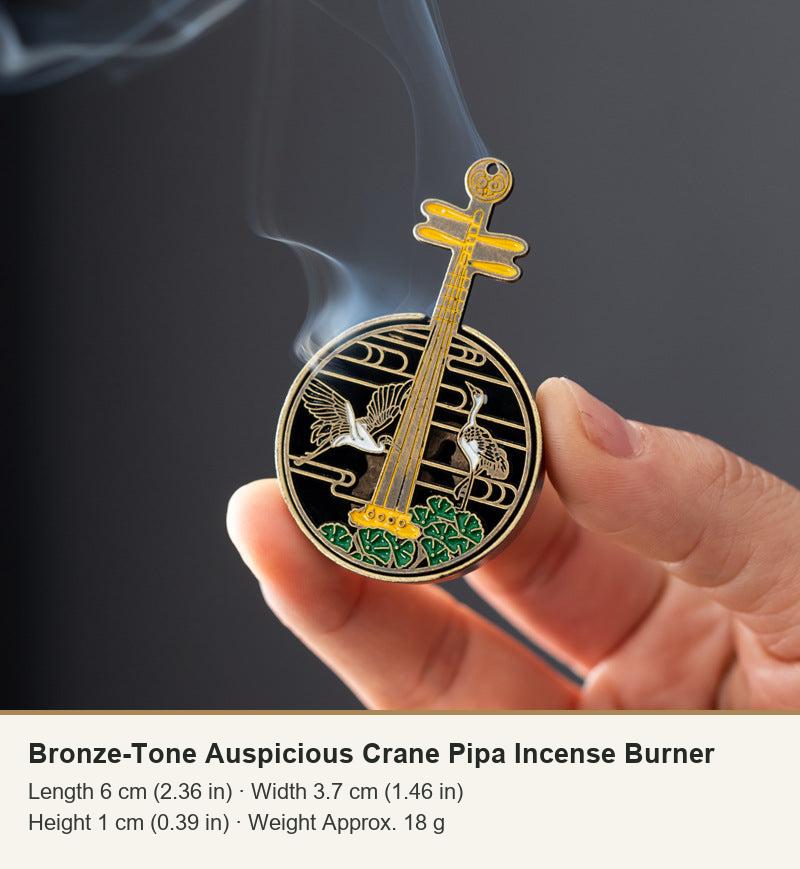 Bronze-Tone Auspicious Crane Pipa Incense Burner