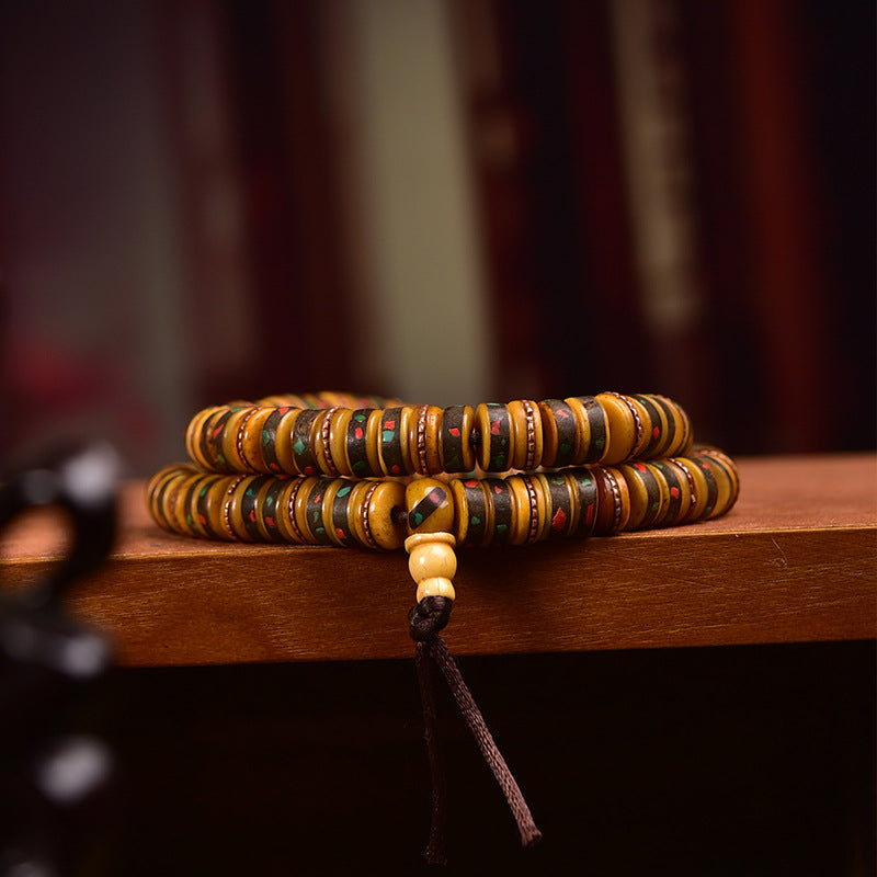 EverestArtstudios blessed EverestArtstudios Aged Tibetan Yak Bone Inlaid Multi-Treasure 108-Bead DIY Strand