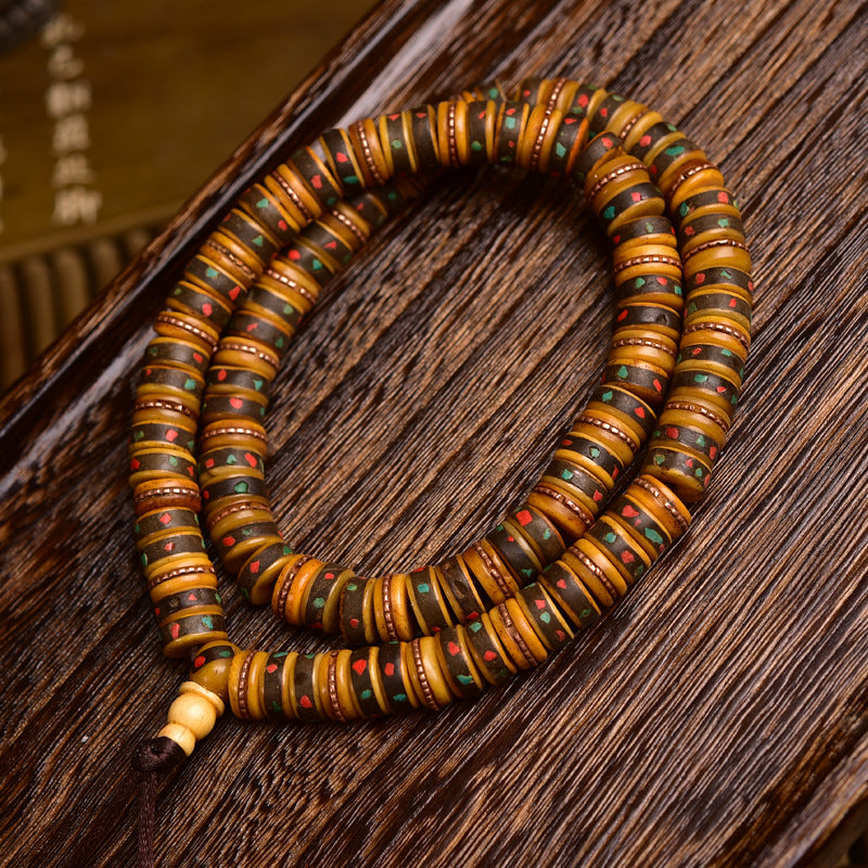 EverestArtstudios blessed EverestArtstudios Aged Tibetan Yak Bone Inlaid Multi-Treasure 108-Bead DIY Strand