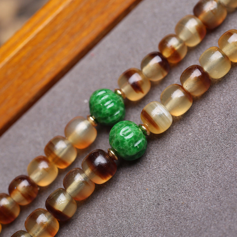 EverestArtstudios Golden Armor Barrel-Bead Mala with Vajra Bodhi and Horn Accents