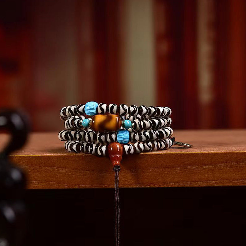 EverestArtstudios blessed EverestArtstudios Natural Agate Tiger-Tooth Dzi 108-Bead Mala with Red Agate and Clear Quartz