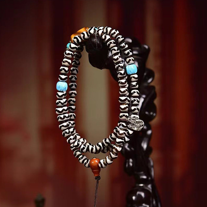 EverestArtstudios blessed EverestArtstudios Natural Agate Tiger-Tooth Dzi 108-Bead Mala with Red Agate and Clear Quartz