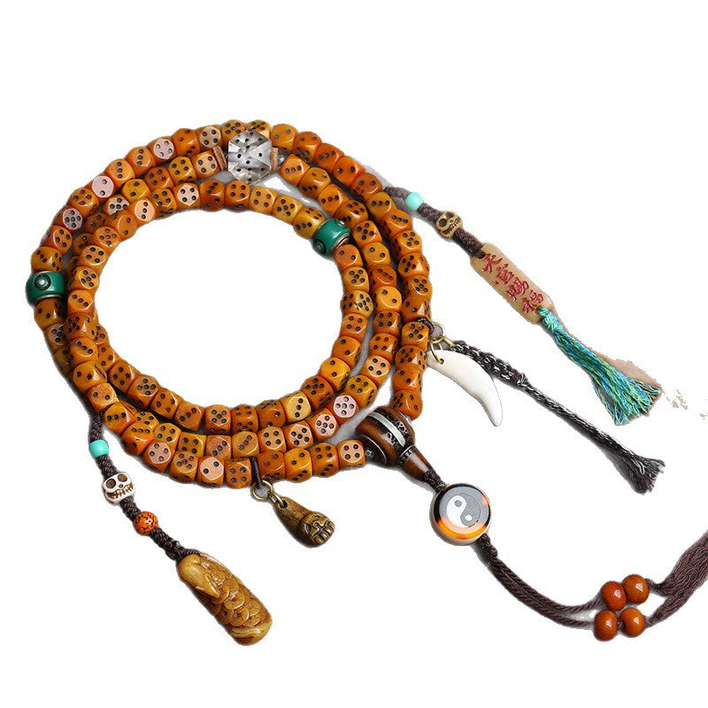 EverestArtstudios Dice-Carved Yak Bone 108-Bead Mala with Camel Bone Accents