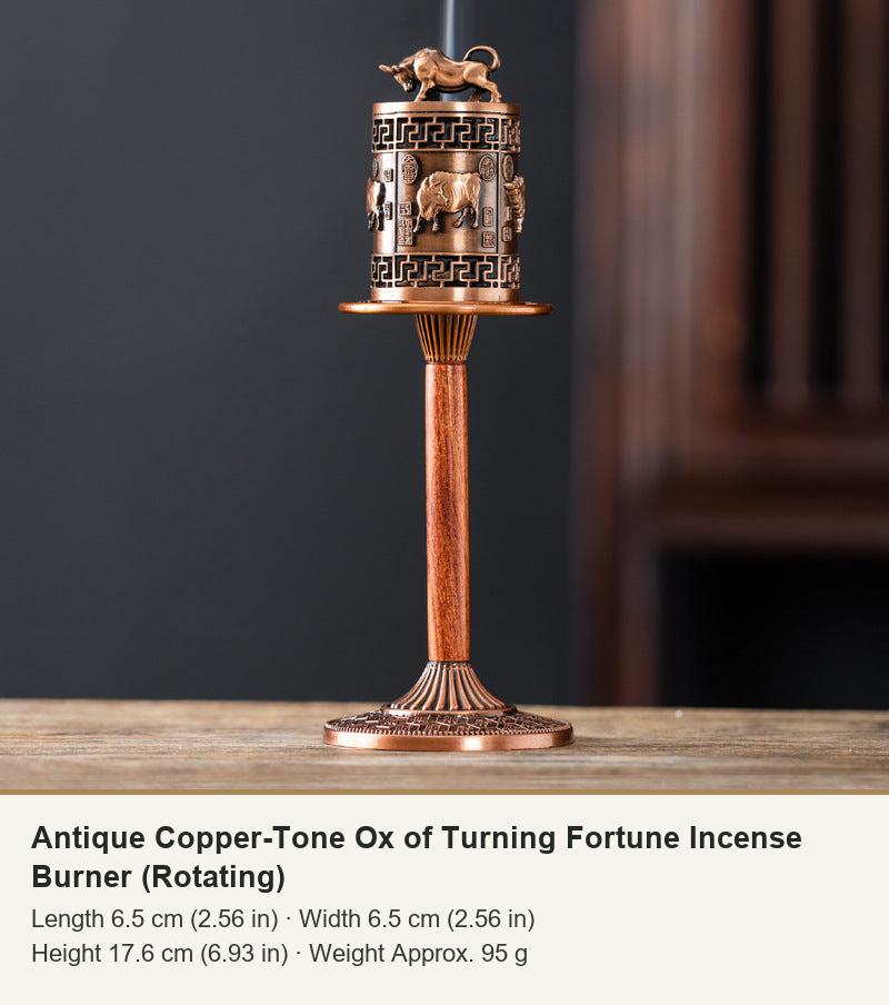 Antique Copper-Tone Ox of Turning Fortune Incense Burner (Rotating)