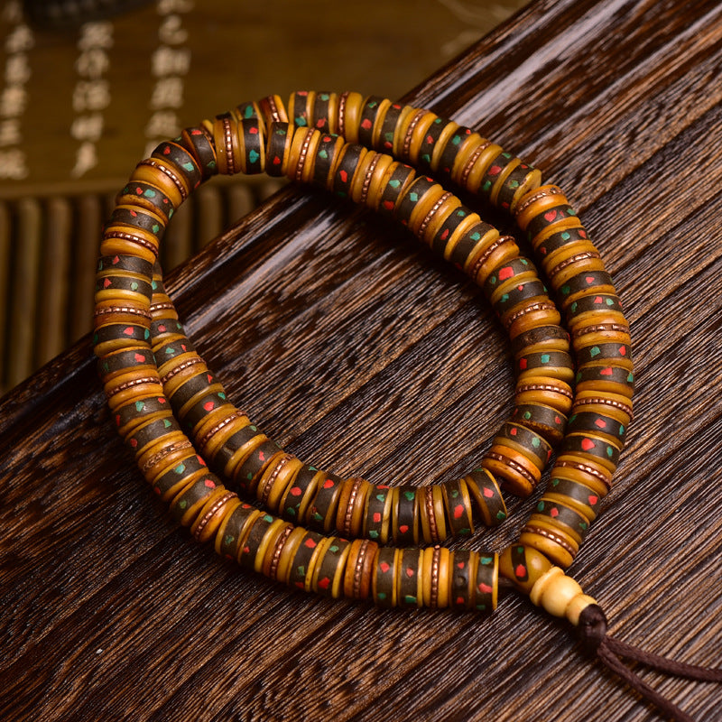 EverestArtstudios blessed EverestArtstudios Aged Tibetan Yak Bone Inlaid Multi-Treasure 108-Bead DIY Strand