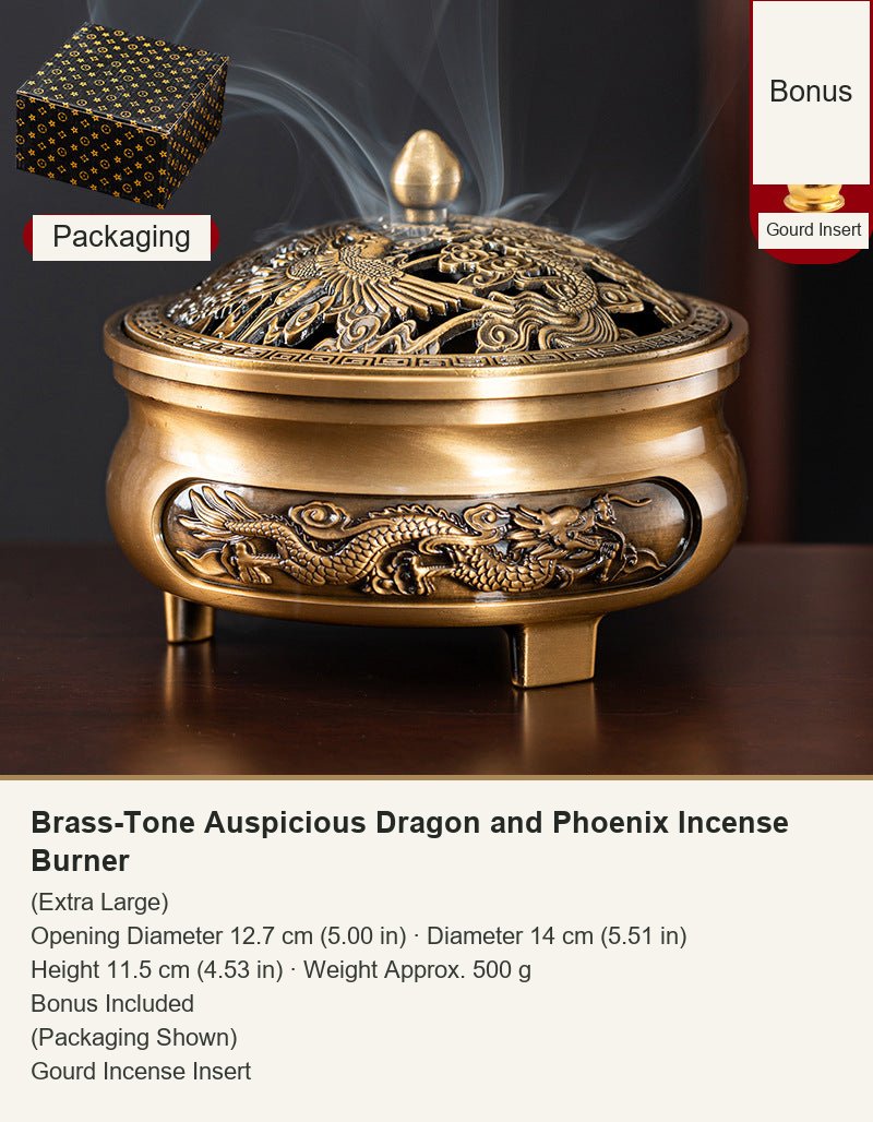Brass-Tone Auspicious Dragon and Phoenix Incense Burner