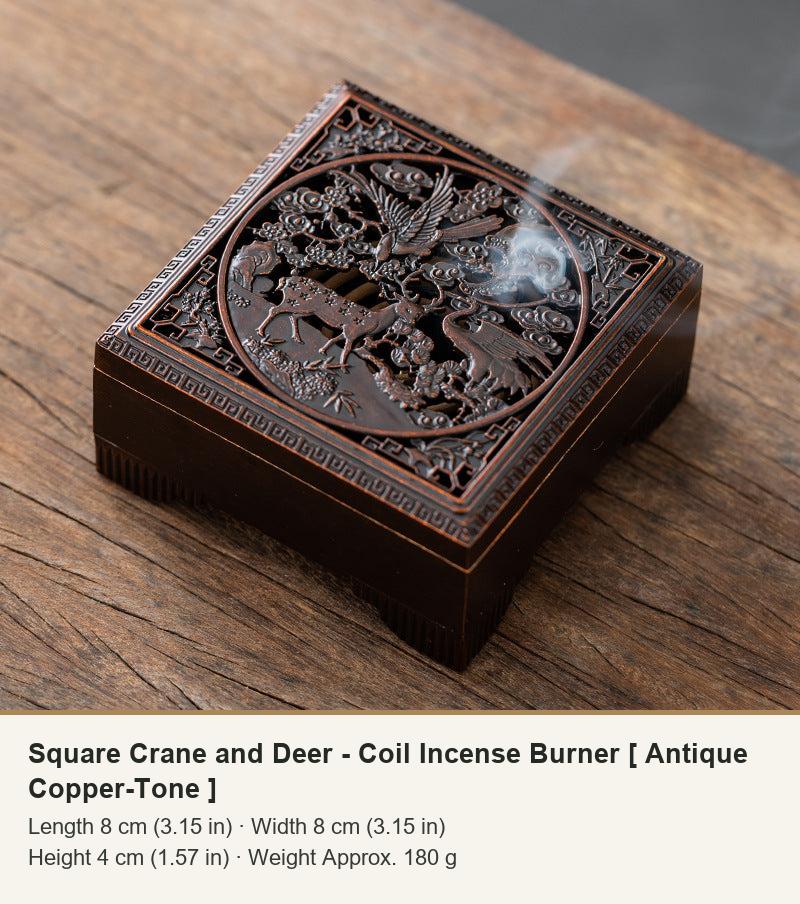 Square Crane and Deer - Coil Incense Burner [ Antique Copper-Tone ]