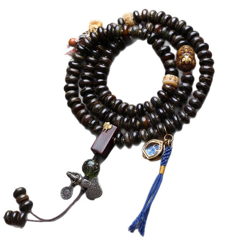 EverestArtstudios Bamboo-Pattern Bone 108-Bead Mala with Sandalwood Accents