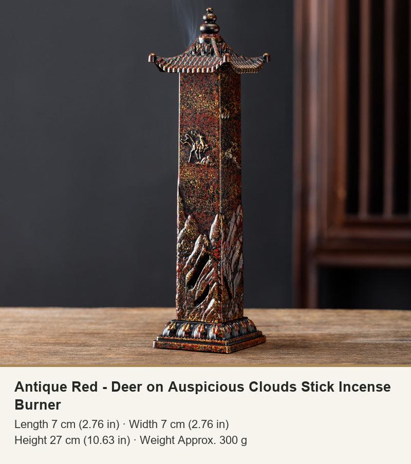 Antique Red - Deer on Auspicious Clouds Stick Incense Burner
