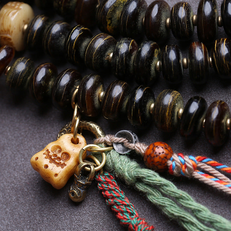 EverestArtstudios Bamboo-Pattern Bone 108-Bead Mala with Sandalwood Accents
