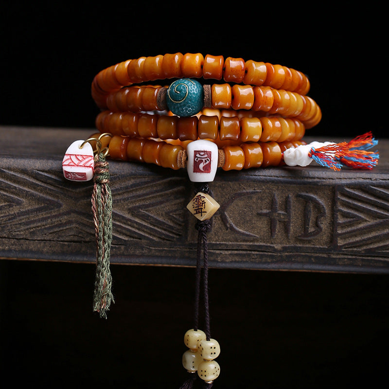 EverestArtstudios Bamboo-Carved Yak Bone 108-Bead Mala with Obsidian Accents
