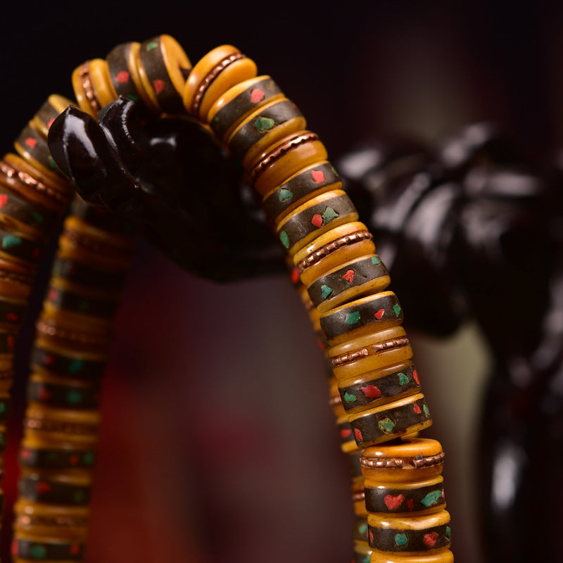 EverestArtstudios blessed EverestArtstudios Aged Tibetan Yak Bone Inlaid Multi-Treasure 108-Bead DIY Strand