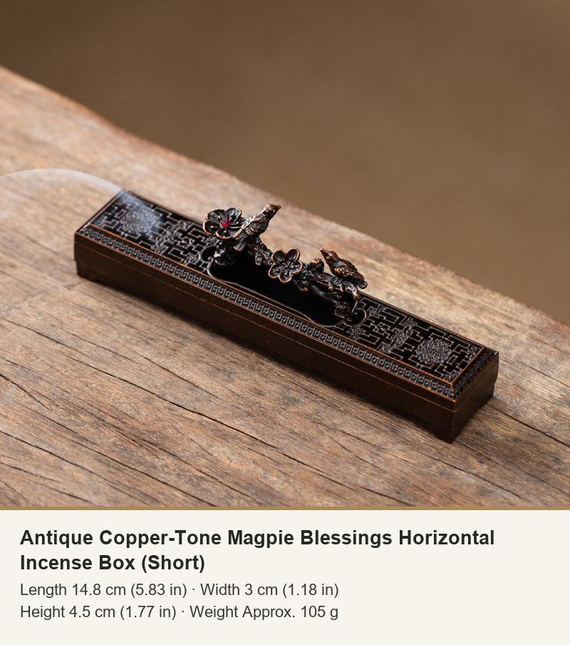 Antique Copper-Tone Magpie Blessings Horizontal Incense Box (Short)