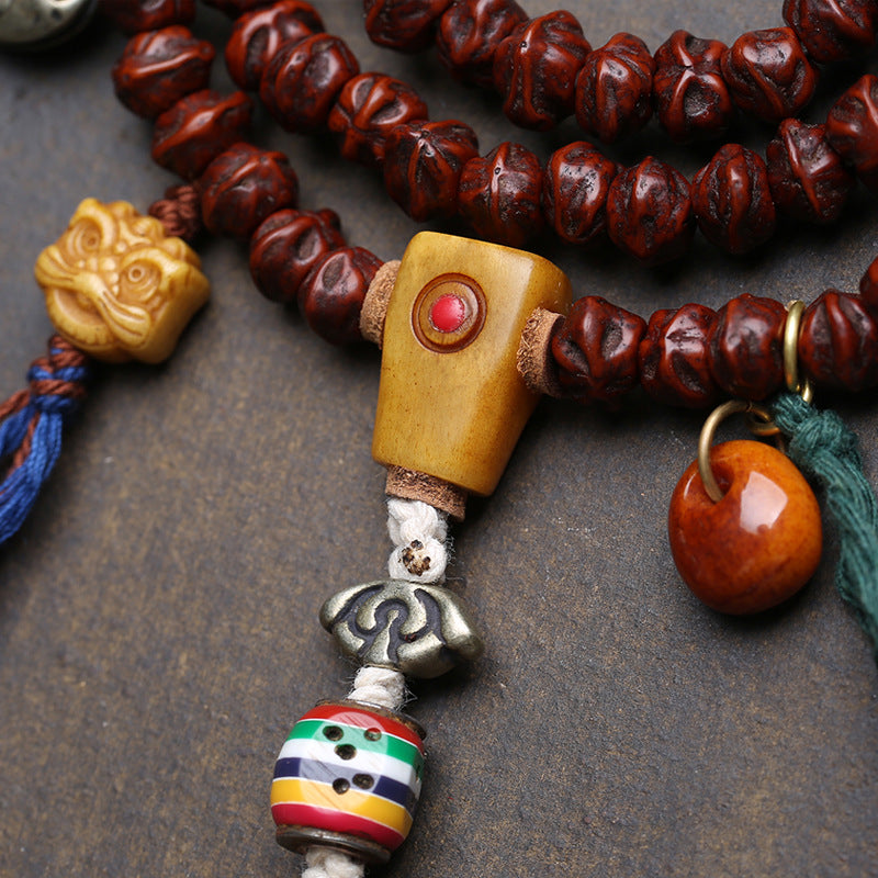 EverestArtstudios Bodhi Seed 108-Bead Mala with Dzi-Style and Vajra Motif Accents