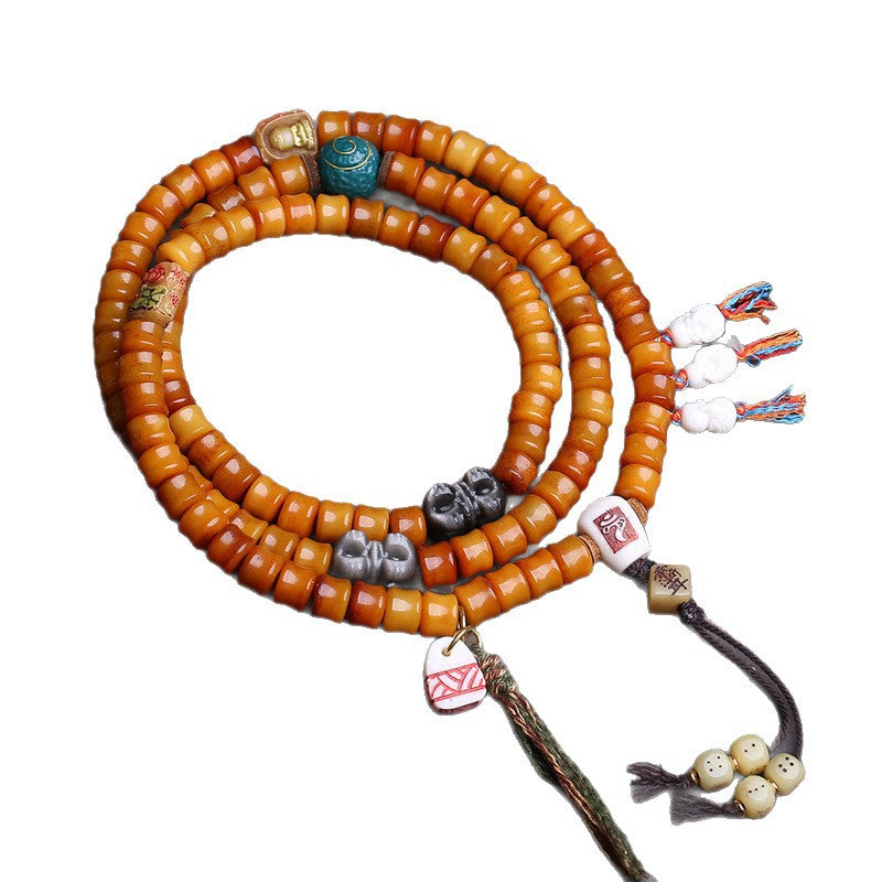EverestArtstudios Bamboo-Carved Yak Bone 108-Bead Mala with Obsidian Accents