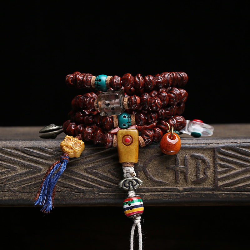 EverestArtstudios Bodhi Seed 108-Bead Mala with Dzi-Style and Vajra Motif Accents