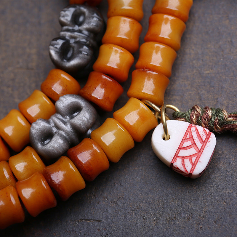 EverestArtstudios Bamboo-Carved Yak Bone 108-Bead Mala with Obsidian Accents
