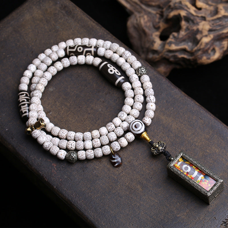 EverestArtstudios Xingyue Bodhi 108-Bead Mala with Two-Eye Dzi-Style Agate and Ghau Pendant