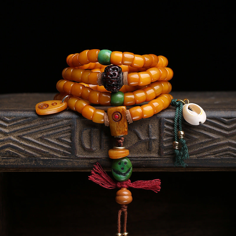 EverestArtstudios Yak Bone 108-Bead Mala with Vajra Bodhi and Camel Bone Accents