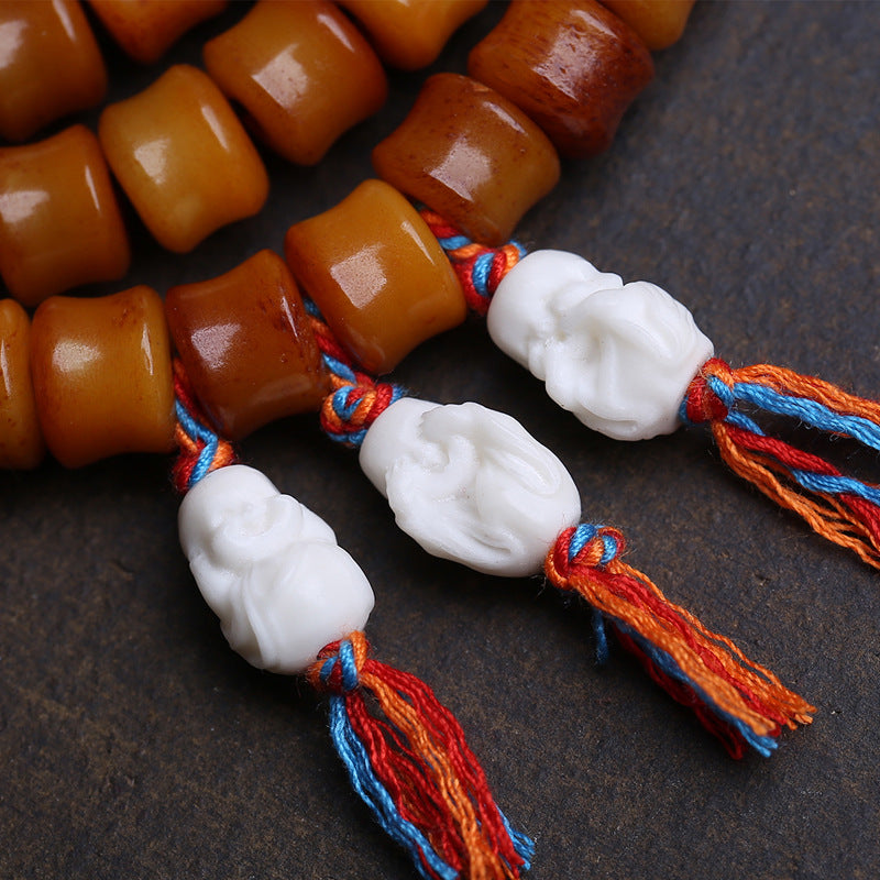EverestArtstudios Bamboo-Carved Yak Bone 108-Bead Mala with Obsidian Accents
