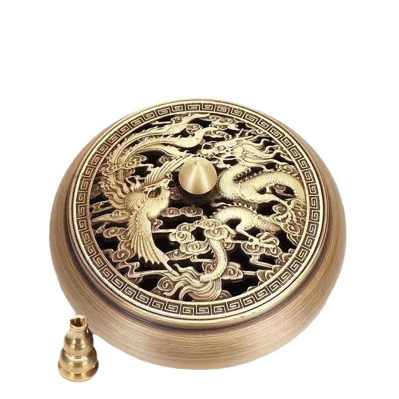 Copper incense burner retro incense burner indoor aromatherapy burner ornament sandalwood burner agarwood pan incense household incense burner incense dragon and phoenix burner