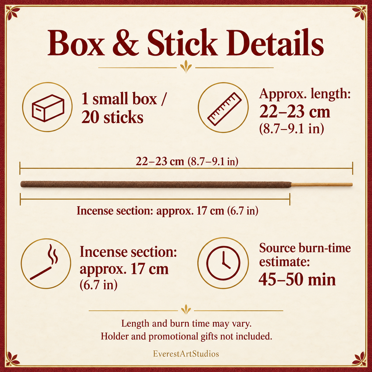 HEM 20-stick box dimensions and approximate burn-time reference