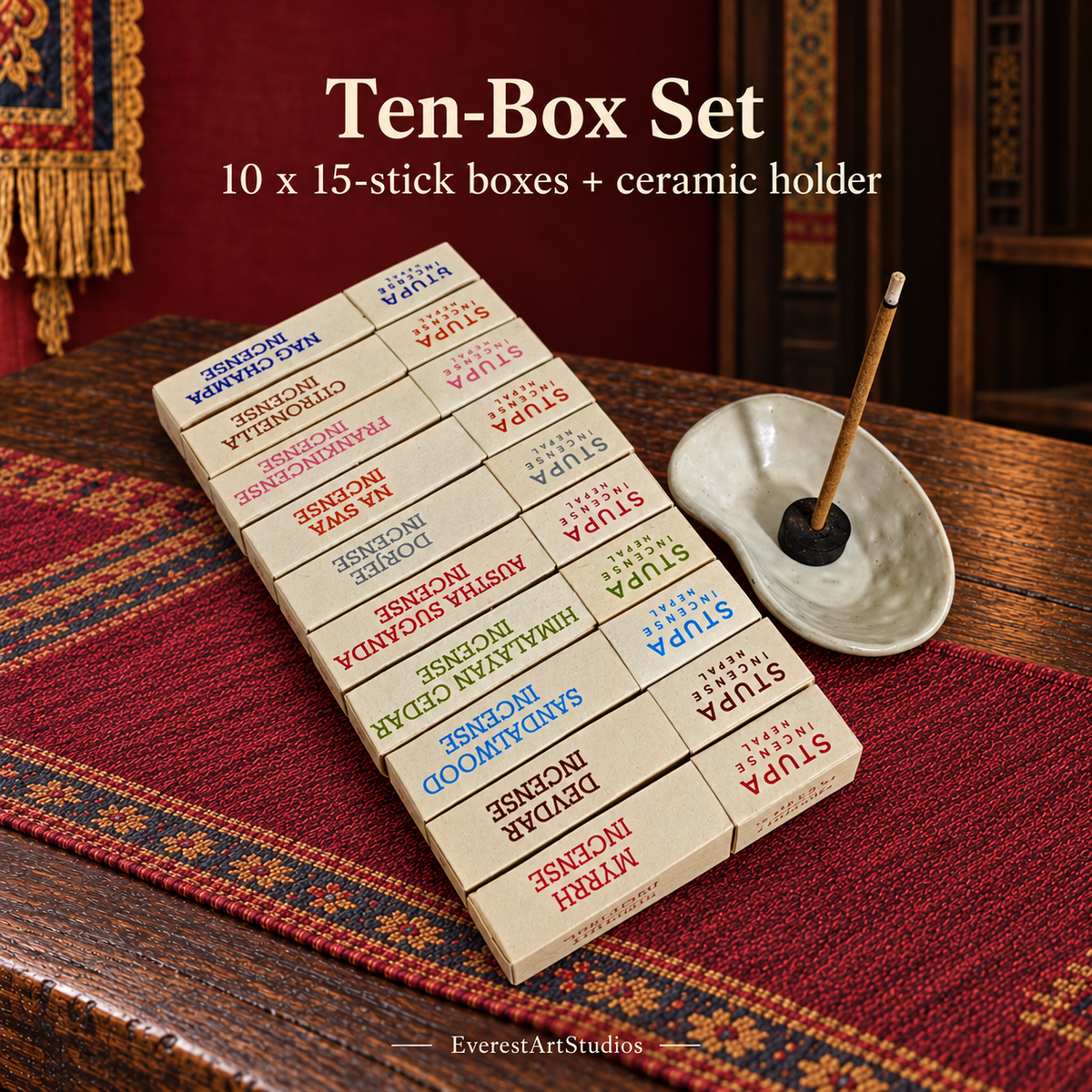 PTSX-TB637546760373-21 | 10-box set + ceramic holder | 10 x 15-stick boxes + ceramic holder