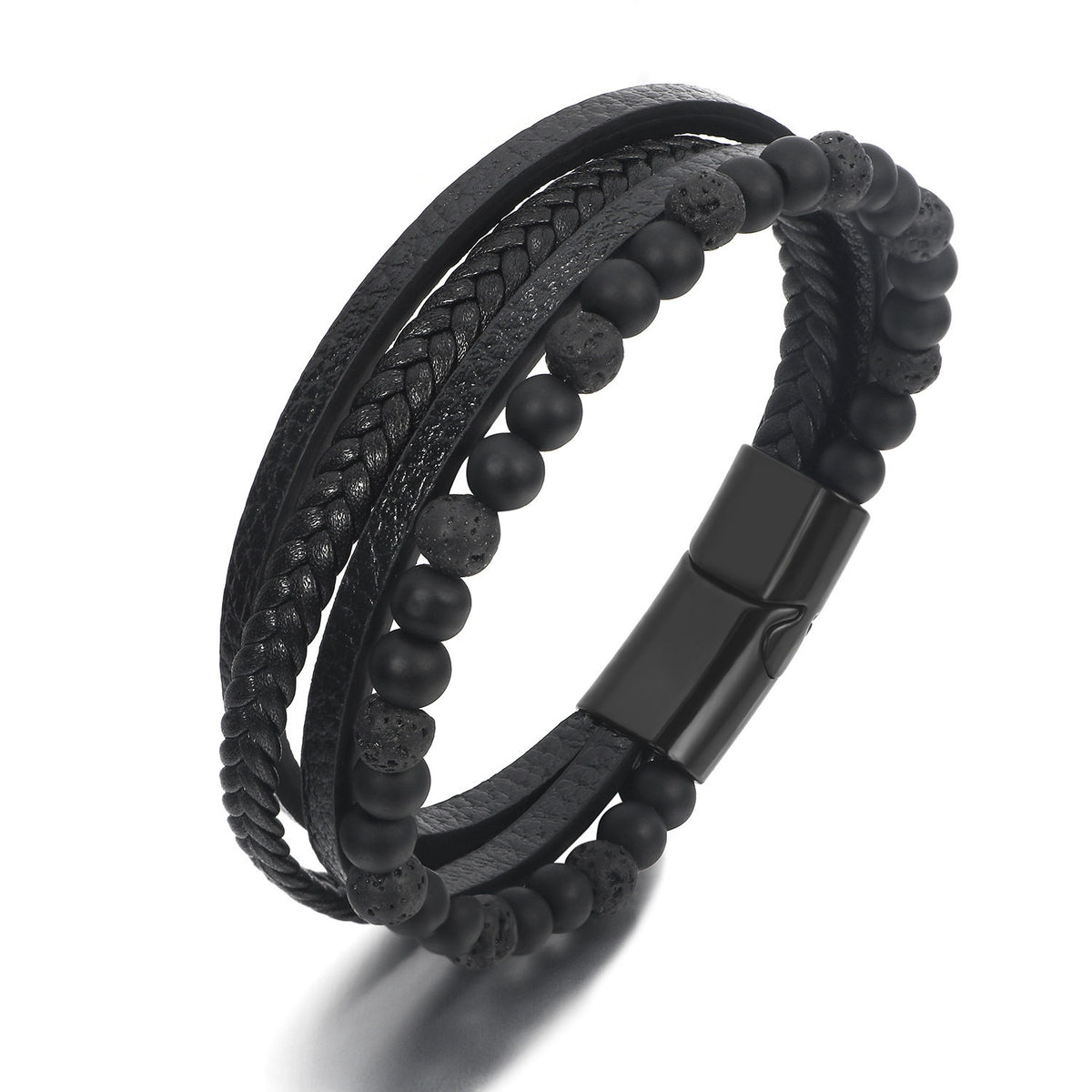 EverestArtStudios Genuine Volcanic Rock Black Agate Stone Wrapped Leather Bracelet