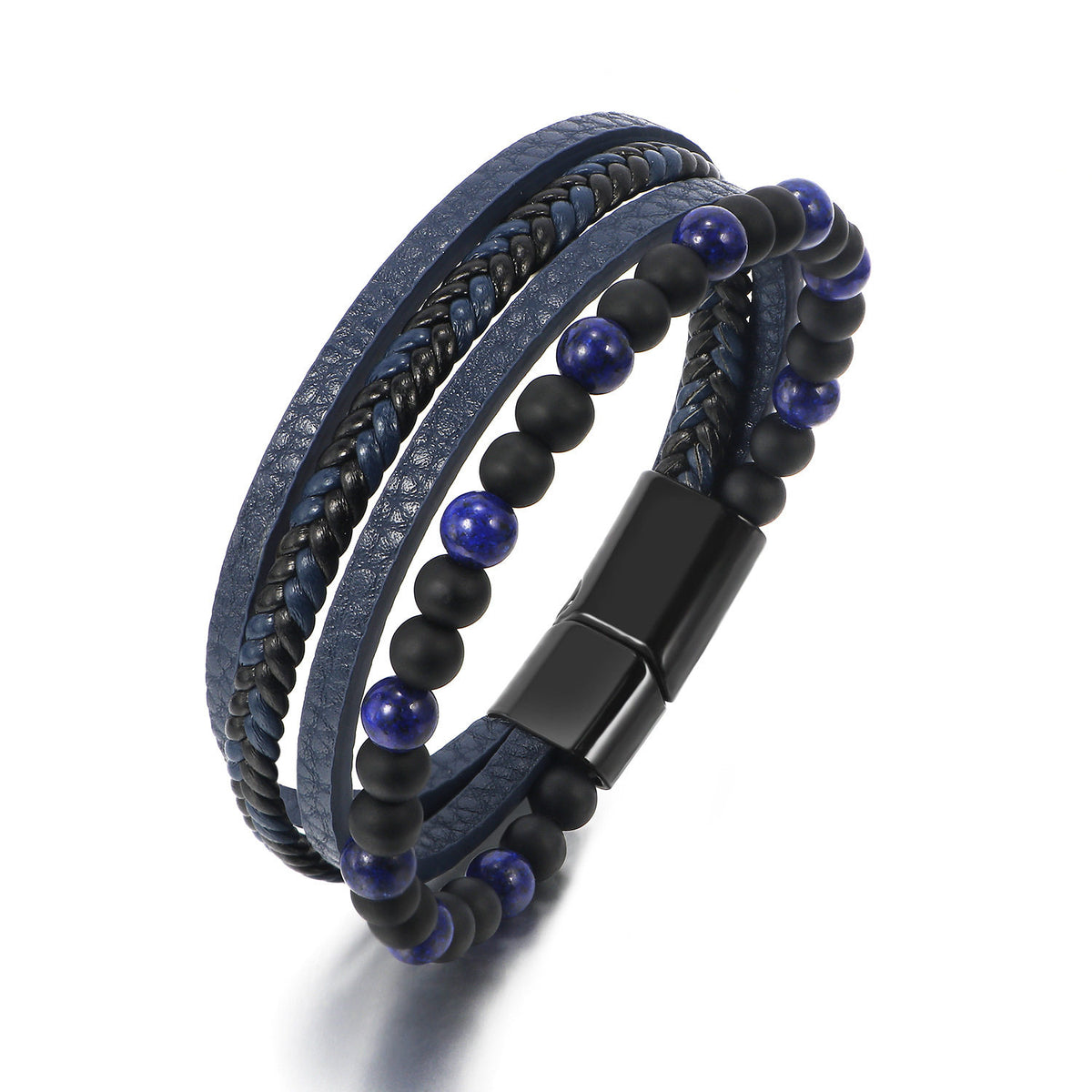 EverestArtStudios Genuine Volcanic Rock Black Agate Stone Wrapped Leather Bracelet