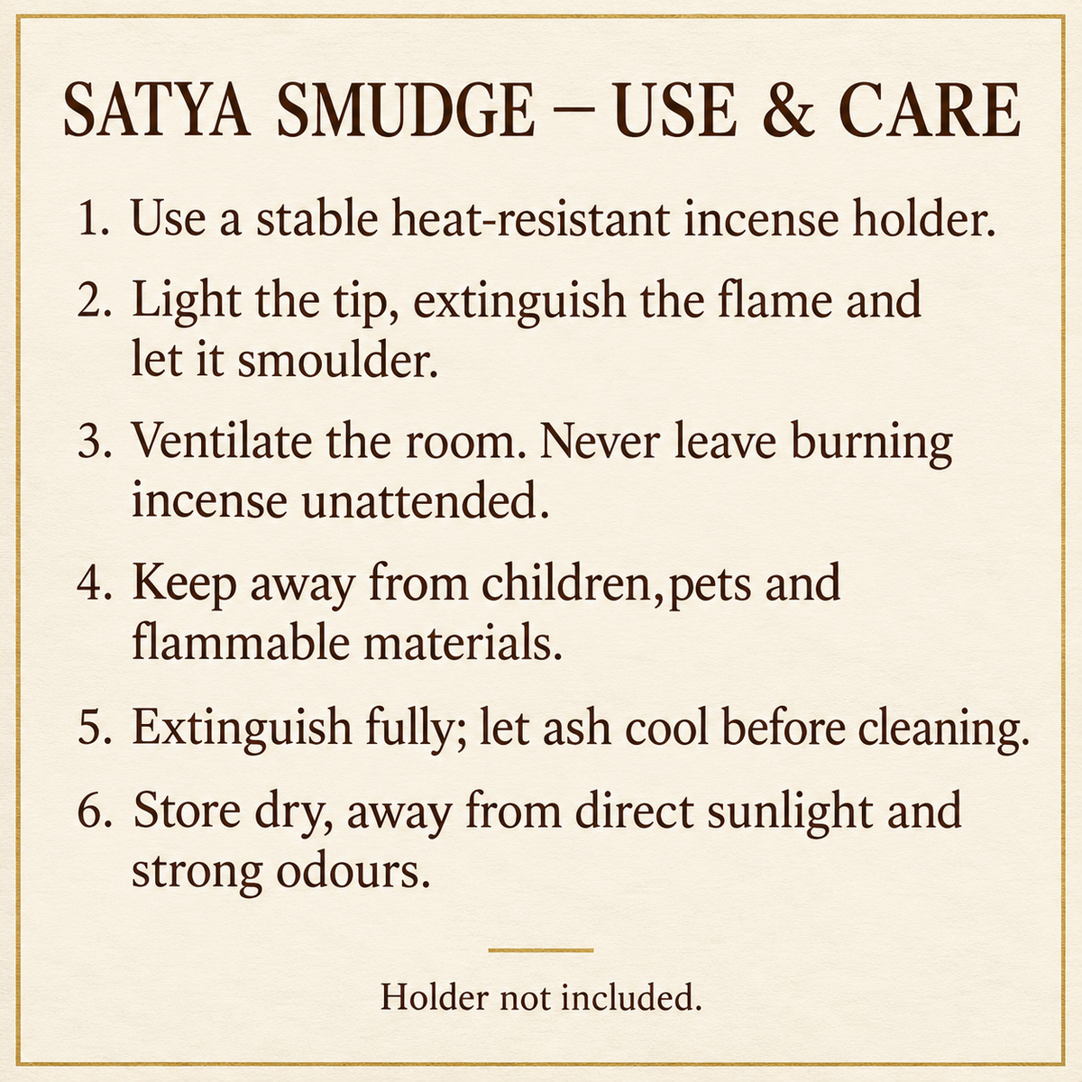 Satya smudge use and care | English information guide