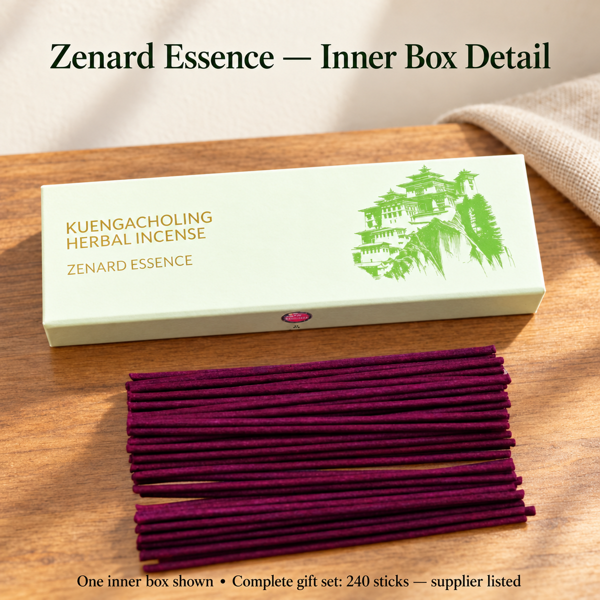 Kuengacholing gift set — actual Zenard Essence inner box and purple coreless sticks; one of four inner boxes in the complete 240-stick supplier-listed set