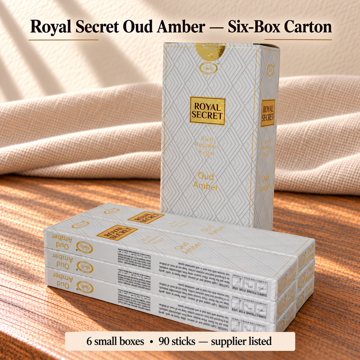 Royal Secret Oud Amber — Six-Box Carton — Six small boxes • 15 sticks each • 90 total — supplier listed