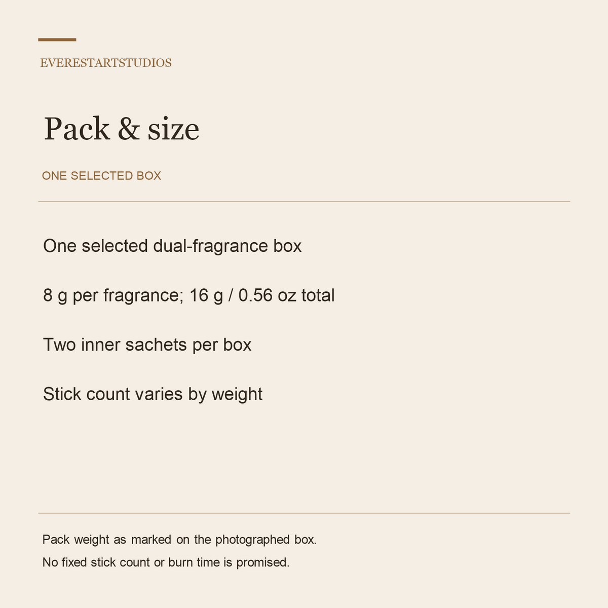 Satya dual fragrance incense — specifications