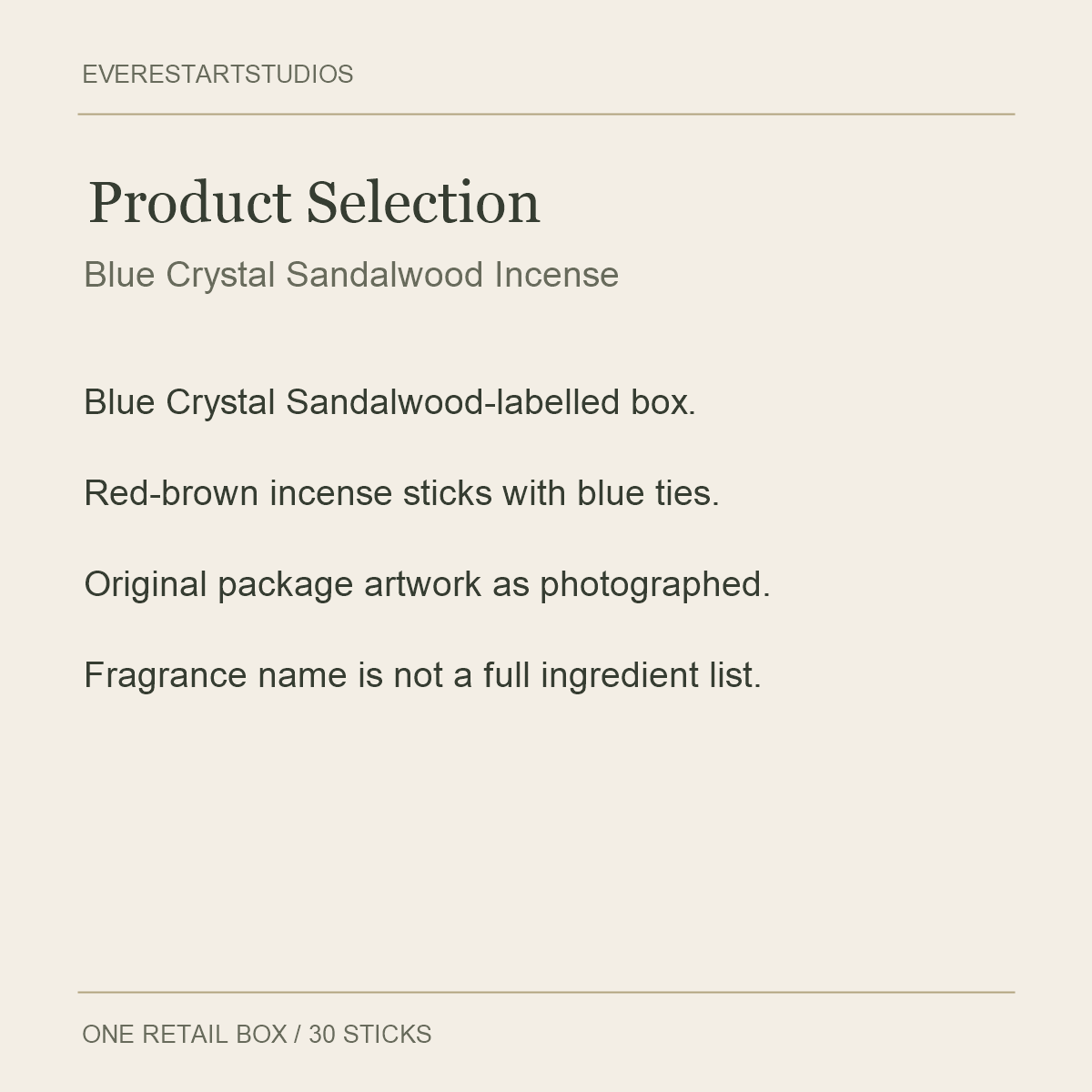 Blue Crystal Sandalwood Incense — 30 Sticks — Product Selection