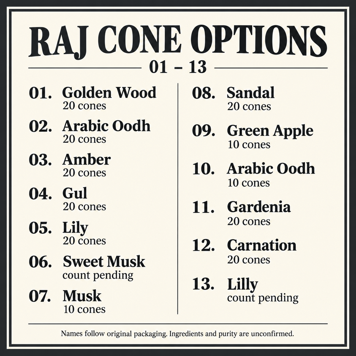 RAJ cone incense Guide1 information