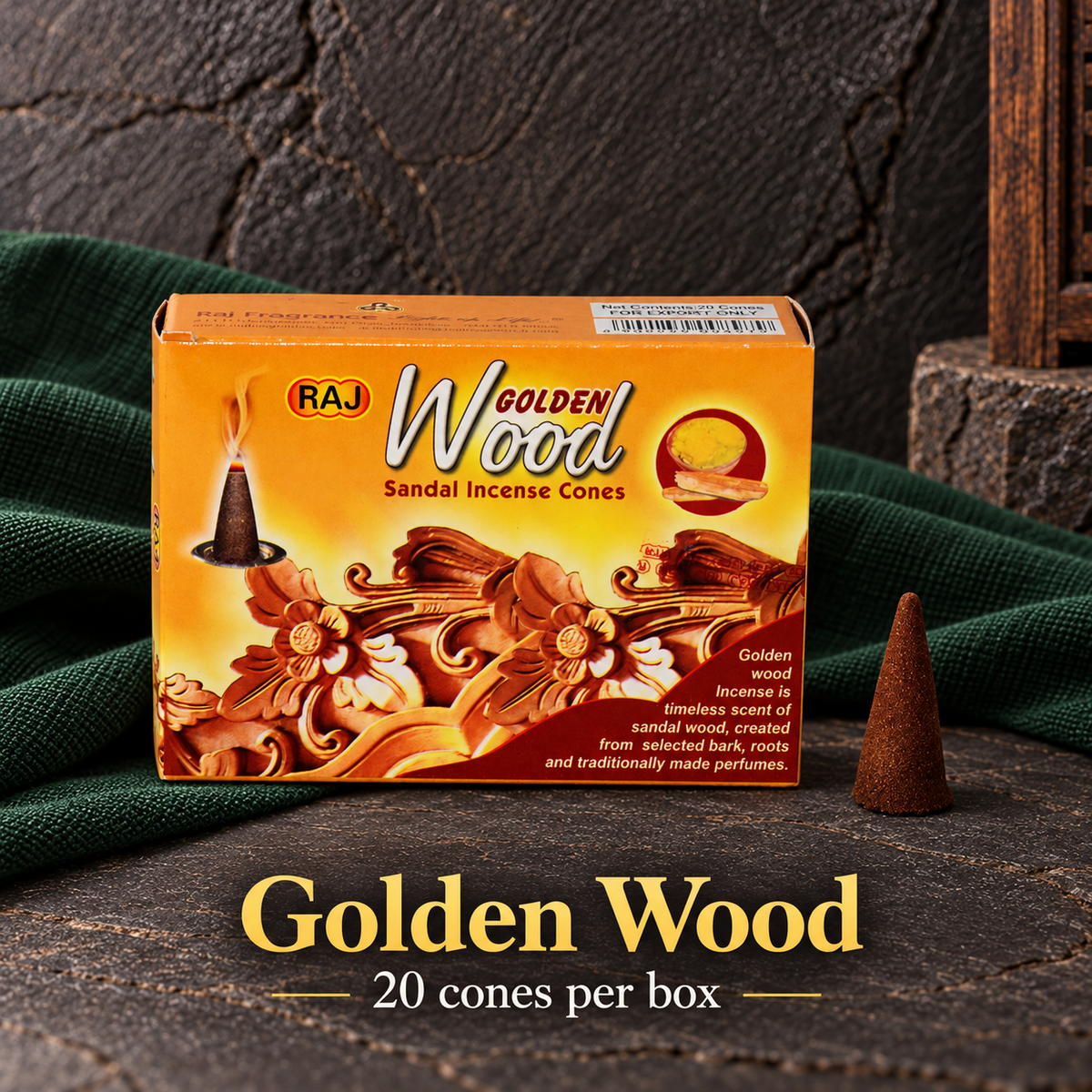 Golden Wood — 20 cones — original RAJ cone incense packaging