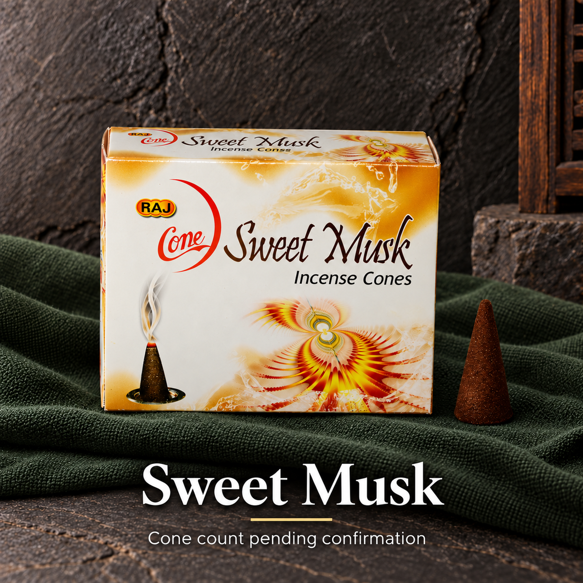 Sweet Musk — count pending confirmation — original RAJ cone incense packaging