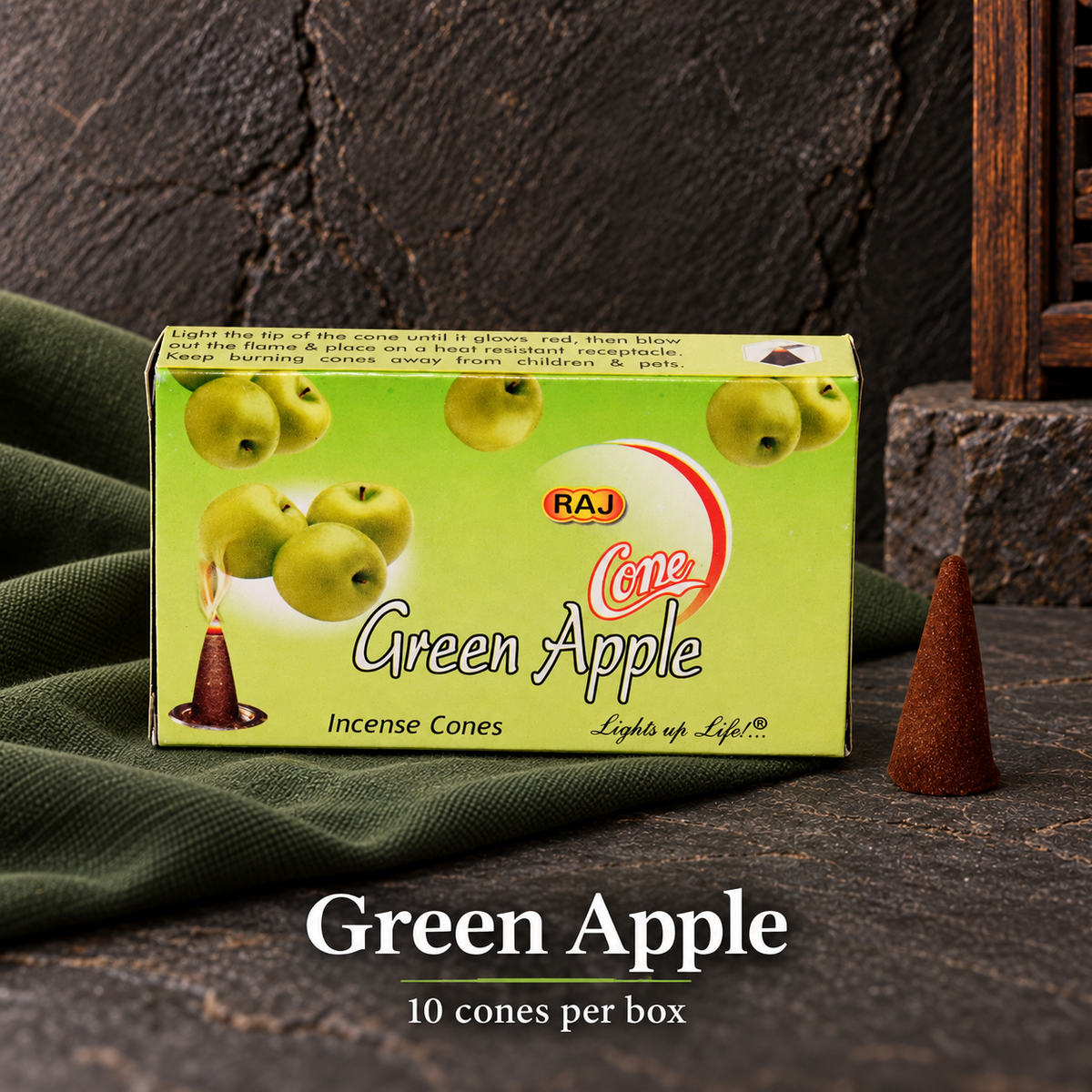 Green Apple — 10 cones — original RAJ cone incense packaging
