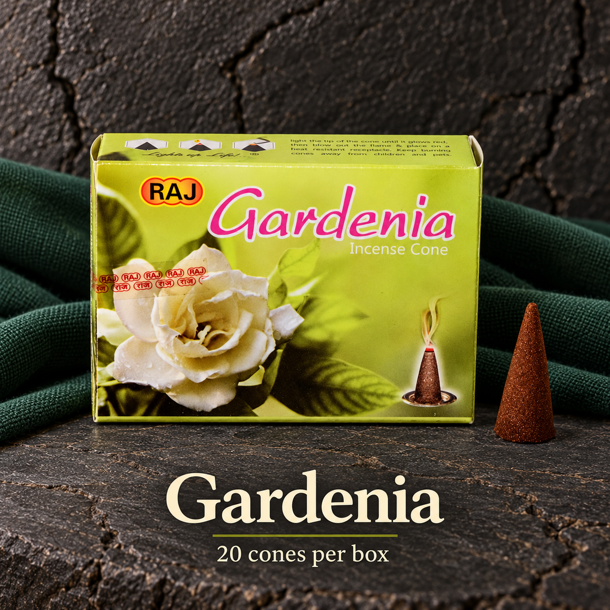 Gardenia — 20 cones — original RAJ cone incense packaging
