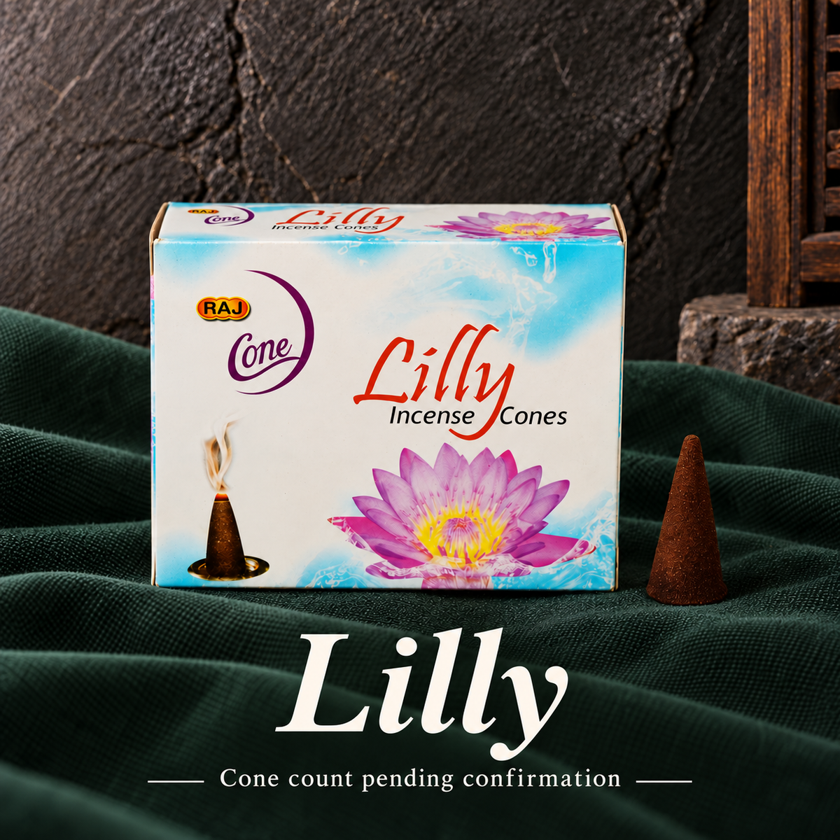 Lilly — count pending confirmation — original RAJ cone incense packaging