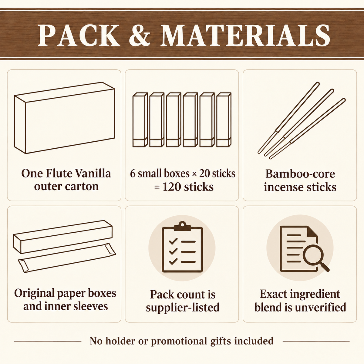 Flute Vanilla Incense Sticks — Six-Box Carton, 120 Sticks | pack