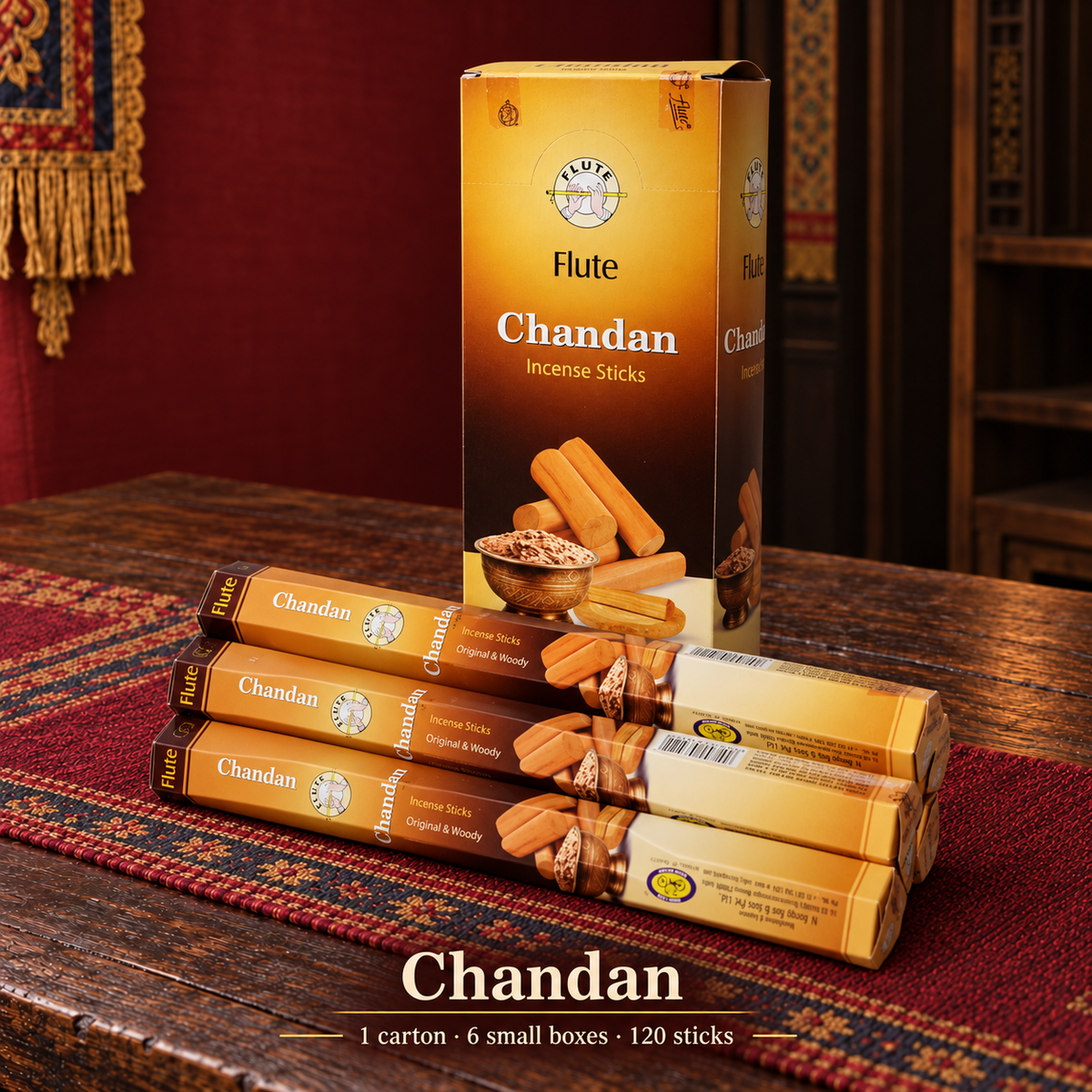 Flute Chandan — carton of 6 small boxes / 120 sticks
