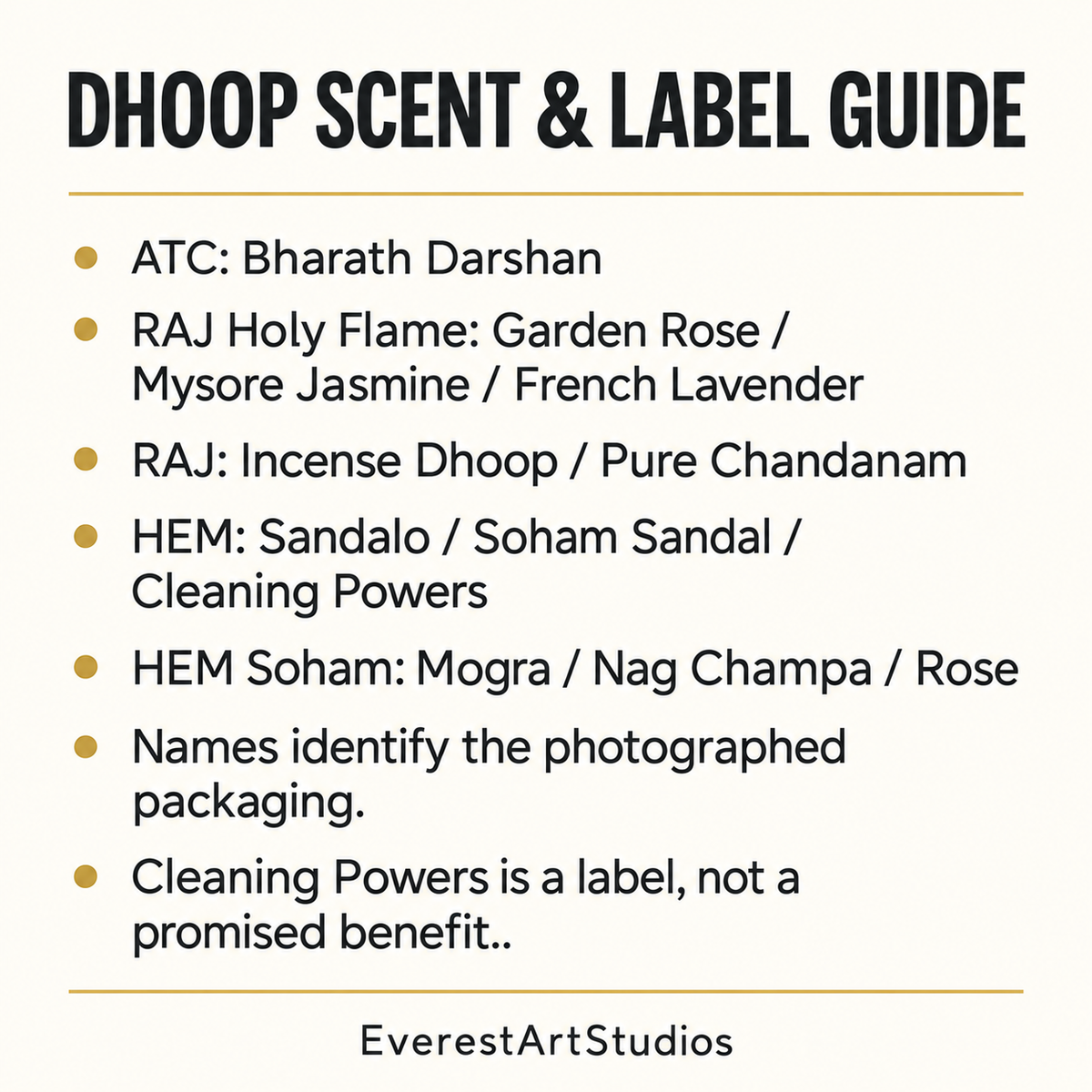 DHOOP SCENT & LABEL GUIDE