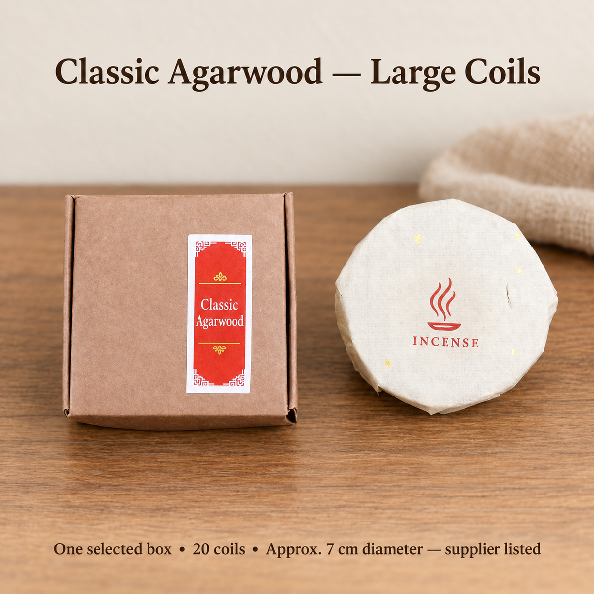 Classic Agarwood Large20coil selected box; closed outer and paper wrapped inner shown